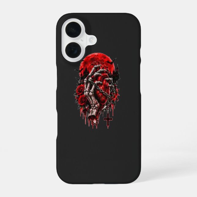 Coque iPhone 16 Mains de squelette gothiques Roses rouges Hallowee (Verso)