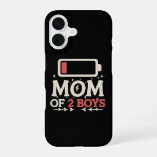 Coque iPhone 16 Maman de 2 garçons batterie faible drôle de fête d