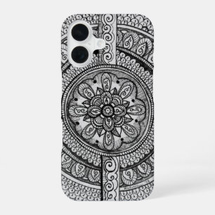 Coque iPhone 16 Mandala de fleurs à motif floral noir et blanc