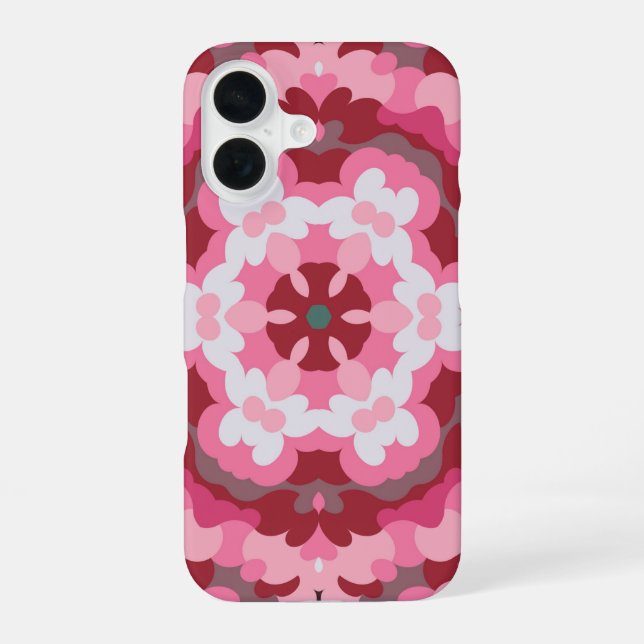 Coque iPhone 16 Mandala Rétro Rose Rouge et Blanc (Verso)