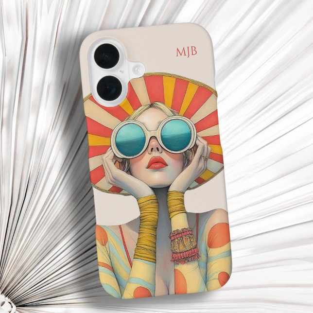 Coque iPhone 16 Mannequin de glamour de mode rétro avec monogramme (Créateur téléchargé)