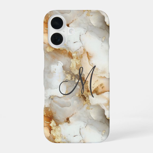 Coque iPhone 16 Marbre Aquarelle Or Gris Blanc Initiale Monogramme (Verso)