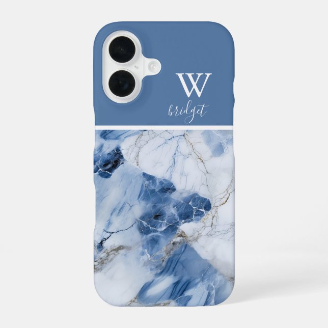 Coque iPhone 16 marbre bleu abstrait motif côtier (Verso)