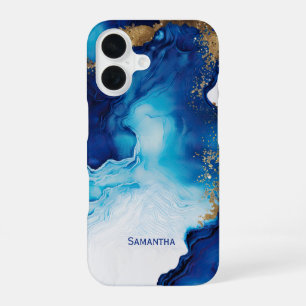 Coque iPhone 16 Marbre bleu blanc or