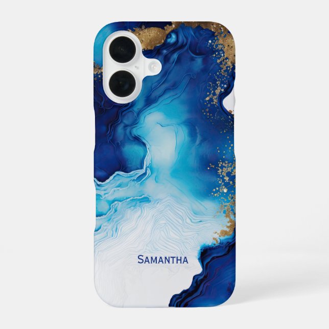Coque iPhone 16 Marbre bleu blanc or (Verso)