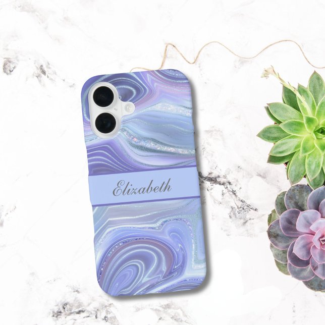 Coque iPhone 16 Marbre bleu violet argenté pailleté Monogram   (Blue Purple Silver Marble Swirl Pattern Monogrammed iPhone 16 15 14 13 12 11 case Gift for her)