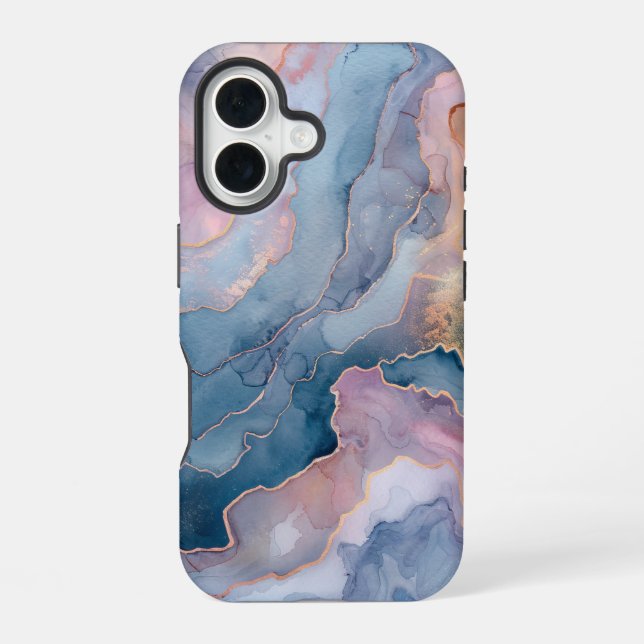 Coque iPhone 16 Marbre d'agate bleu chic rose or (Verso)