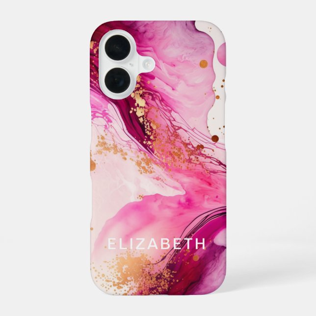 Coque iPhone 16 marbre doré rose paillettes nom personnalisé  (Verso)