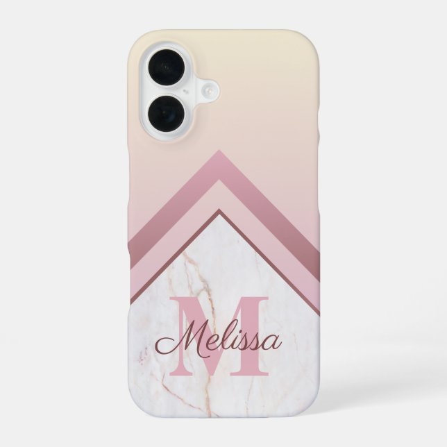 Coque iPhone 16 Marbre Géométrique Monogramme Rose Féminin (Verso)