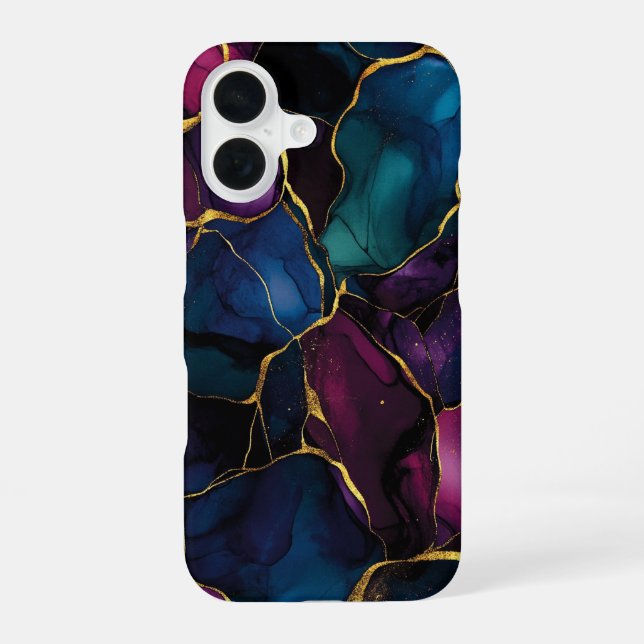 Coque iPhone 16 Marbre Impérial Améthyste Luxe Violet Turquoise  (Verso)