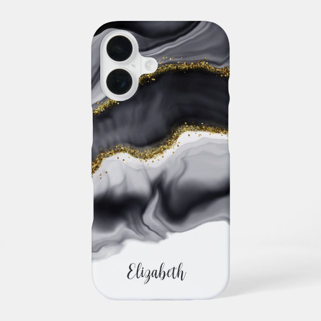Coque iPhone 16 Marbre noir or personnalisable (Verso)