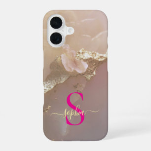Coque iPhone 16 Marbre or rose gold pailleté monogramme