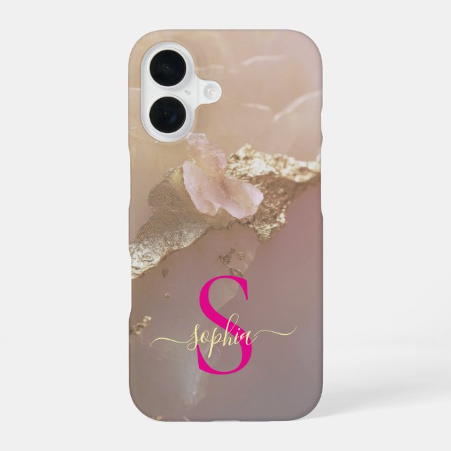 Coque iPhone 16 Marbre or rose gold pailleté monogramme (Verso)