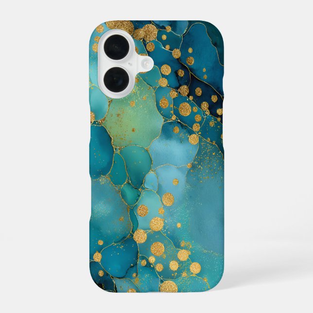 Coque iPhone 16 Marbre Sarcelle, Turquoise & Or  (Verso)