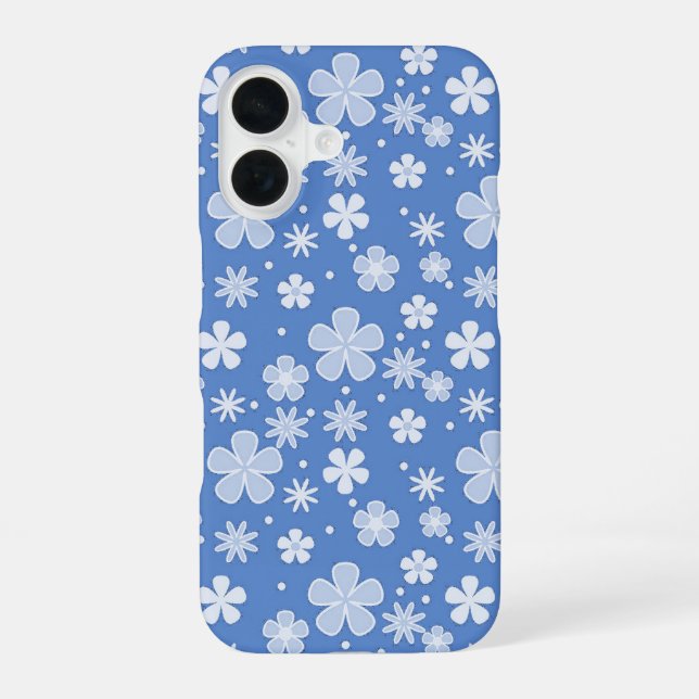 Coque iPhone 16 Marguerites blanches et points sur fond bleu (Verso)