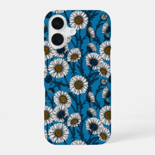 Coque iPhone 16 Marguerites sur fond bleu