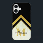 Coque iPhone 16 Marque géométrique Monogramme d'or noir<br><div class="desc">Ce magnifique boîtier téléphonique présente un design élégant avec un monogramme or sur un cadre géométrique en marbre et un arrière - plan noir. Disponible en version or/vanille rose et en version noir/argent.</div>