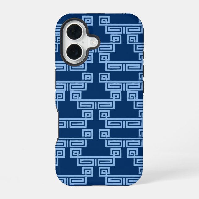 Coque iPhone 16 Méandre de clé grecque en bleu indigo (Verso)