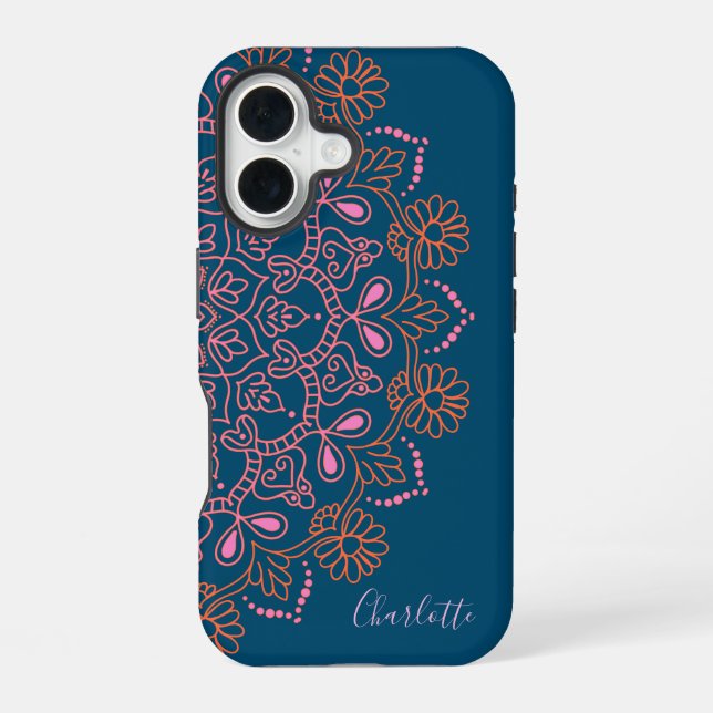 Coque iPhone 16 Médaillon Mandala Boho Moderne Nom Script Teal (Verso)