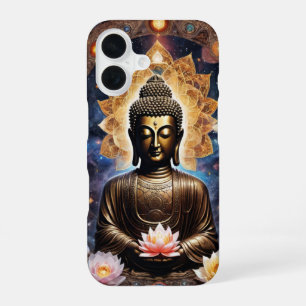 Coque iPhone 16 Méditation Bouddha enchanté en couverture or et lo