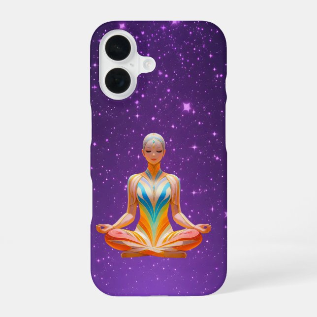 Coque iPhone 16 Méditer femme & ciel étoilé violet (Verso)