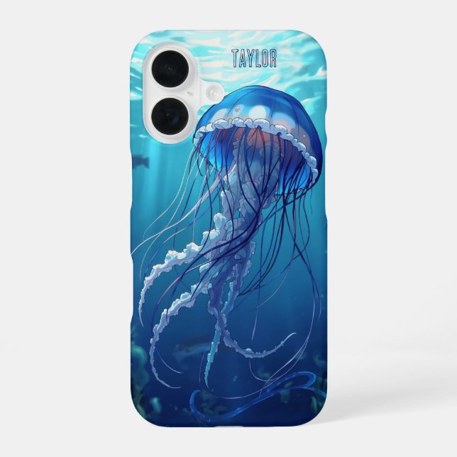 Coque iPhone 16 Méduse bleue personnalisée de l'océan (Verso)