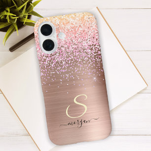 Coque iPhone 16 Métal Rose Gold, Paillettes, Nom en écriture et In