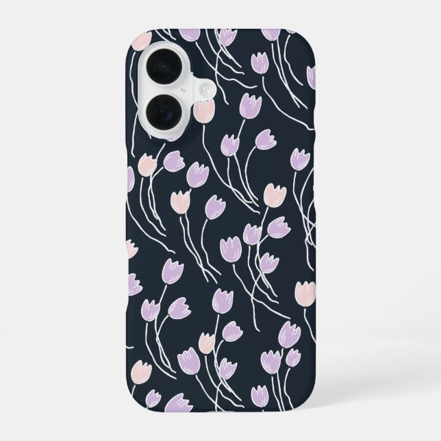 Coque iPhone 16 Midnight Garden Dark Navy & Lilac Sketchy Floral (Verso)