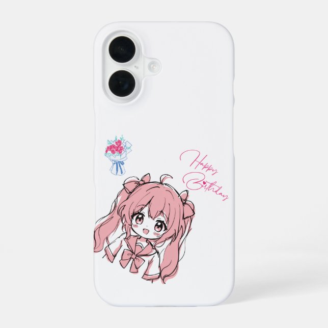Coque iPhone 16  Mignon Anime Chibi Fille Joyeux Anniversaire Rose (Verso)