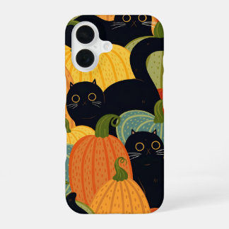 Coque iPhone 16 Mignon chat noir et citrouille Halloween sans cout