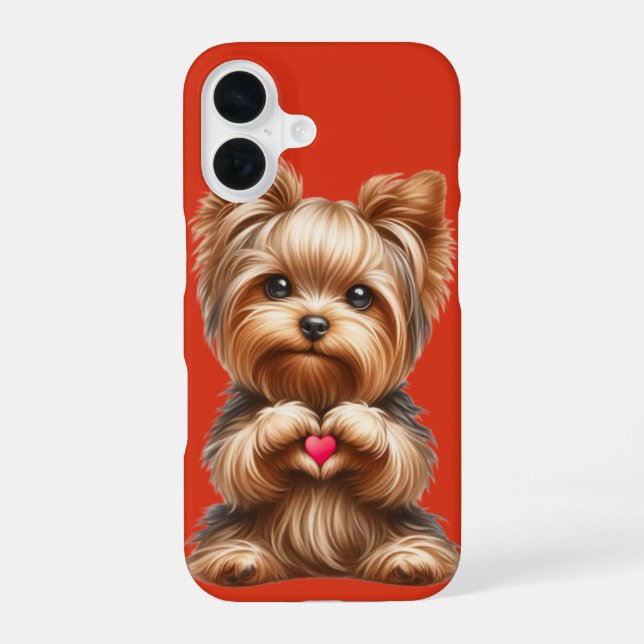 Coque iPhone 16 Mignon Terrier du Yorkshire Cœur Mains Rouge  (Verso)
