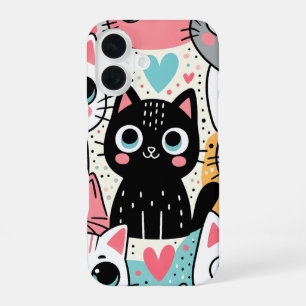 Coque iPhone 16 Mignons visages de chat Kawaii et cœurs fantaisist