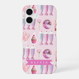 Coque iPhone 16 Milkshake Rétro Rose Personnalisé Coquette Mignonn
