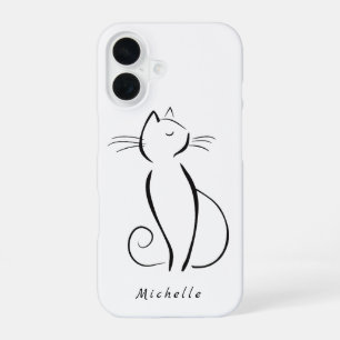 Coque iPhone 16 Minimaliste Chat noir sur blanc Ajouter un nom
