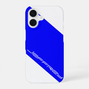 Coque iPhone 16 Minimaliste, Royal Blue & White, Une bande, Nom,