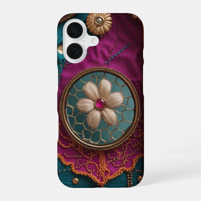 Coque iPhone 16 Mirrorwork vertical et broderie (Verso)