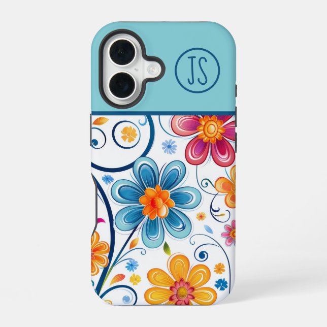 Coque iPhone 16 Mod Fleurs Bleu, Rose, Jaune Monogrammées (Verso)