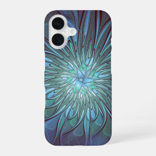 Coque iPhone 16 Moderne Abstrait tendance Fleur bleue Fractal Art