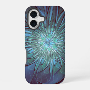 Coque iPhone 16 Moderne Abstrait tendance Fleur bleue Fractal Art