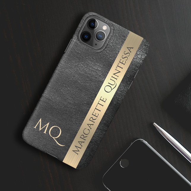 Coque iPhone 16 Moderne Élégant Cuir Noir Monogrammé Feuille D'Or (Créateur téléchargé)