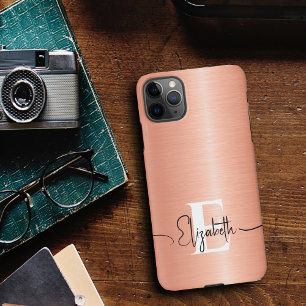 Coque iPhone 16 Moderne script monogrammé métallisé brossé Peach F