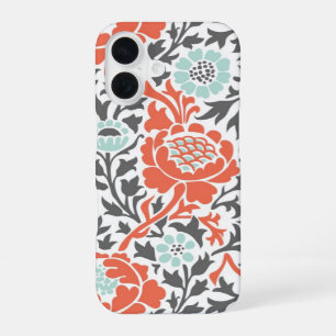Coque iPhone 16 Monnaie de corail et gris rétro Damas florales