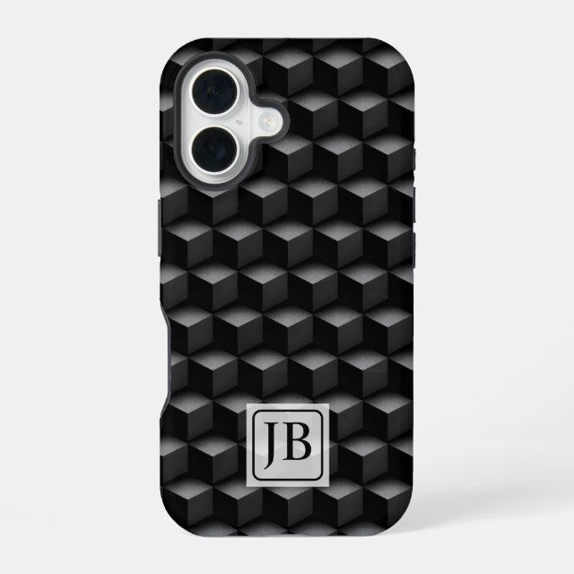 Coque iPhone 16 Monogram, 3D Black Geometric Pattern, Modern (Verso)