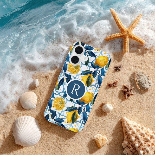 Coque iPhone 16 Monogram Blue Mediterranean Style Lemon Pattern  (Créateur téléchargé)