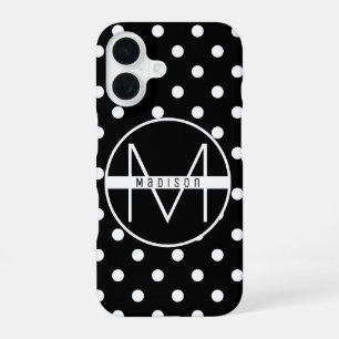 Coque iPhone 16 Monogram Motif à pois chic noir et blanc