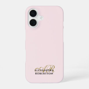 Coque iPhone 16 Monogram Pastel Rose or Noir minimaliste élégant