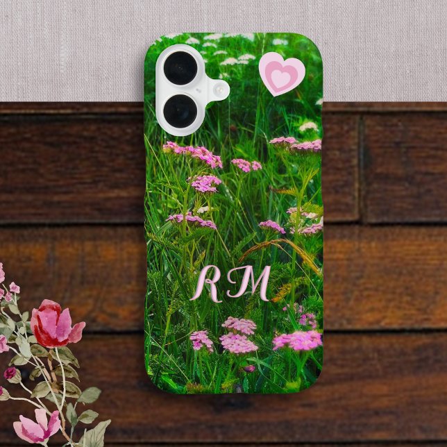 Coque iPhone 16 Monogram Pink Wildflower Hearts (A pretty phone case with custom initials and photograph of pink wildflowers and long grass)