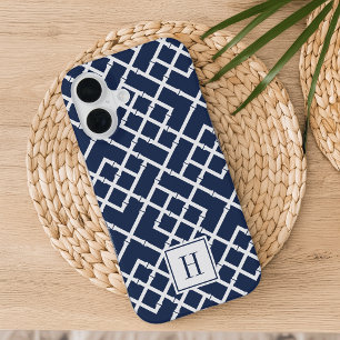 Coque iPhone 16 Monogramme à motif en treillis de bambou marine