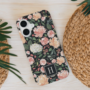 Coque iPhone 16 Monogramme à motif floral de la mi-été à l'aquarel