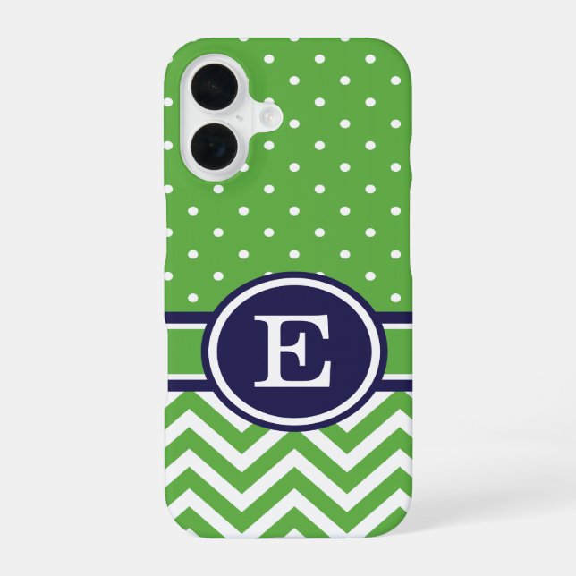 Coque iPhone 16 Monogramme à points chevron vert et marine Prépa (Verso)